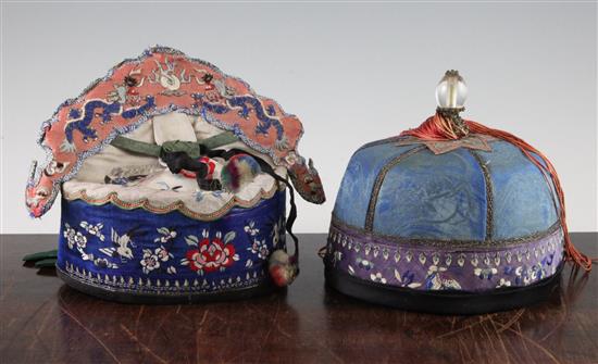 Two Chinese embroidered silk hats, late 19th / early 20th century,